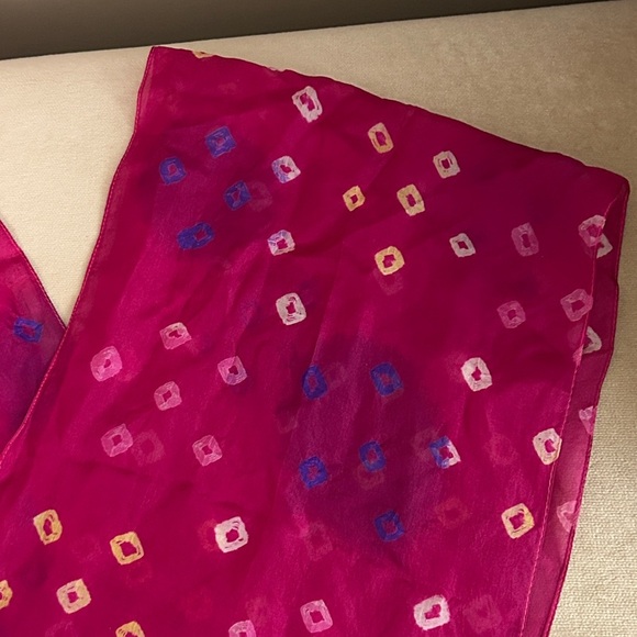 Vibrant Pink Silk Scarf with Colourful Squares, Made in India - Picture 2 of 7
